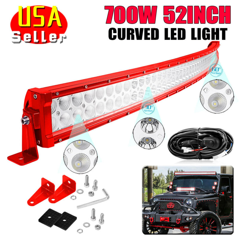 52" 700w Red Led Light Bar Flood Spot Combo Offroad Driving 4wd Boat Free Wiring