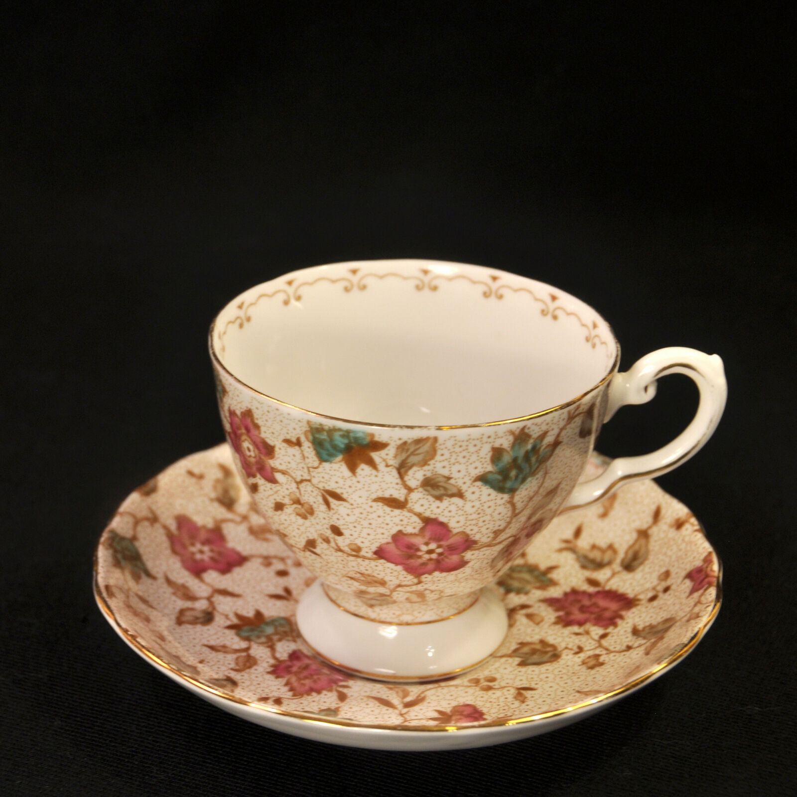 Plant Tuscan Footed Cup & Saucer Multi-color Floral W/seafoam & Gold 1947-1960