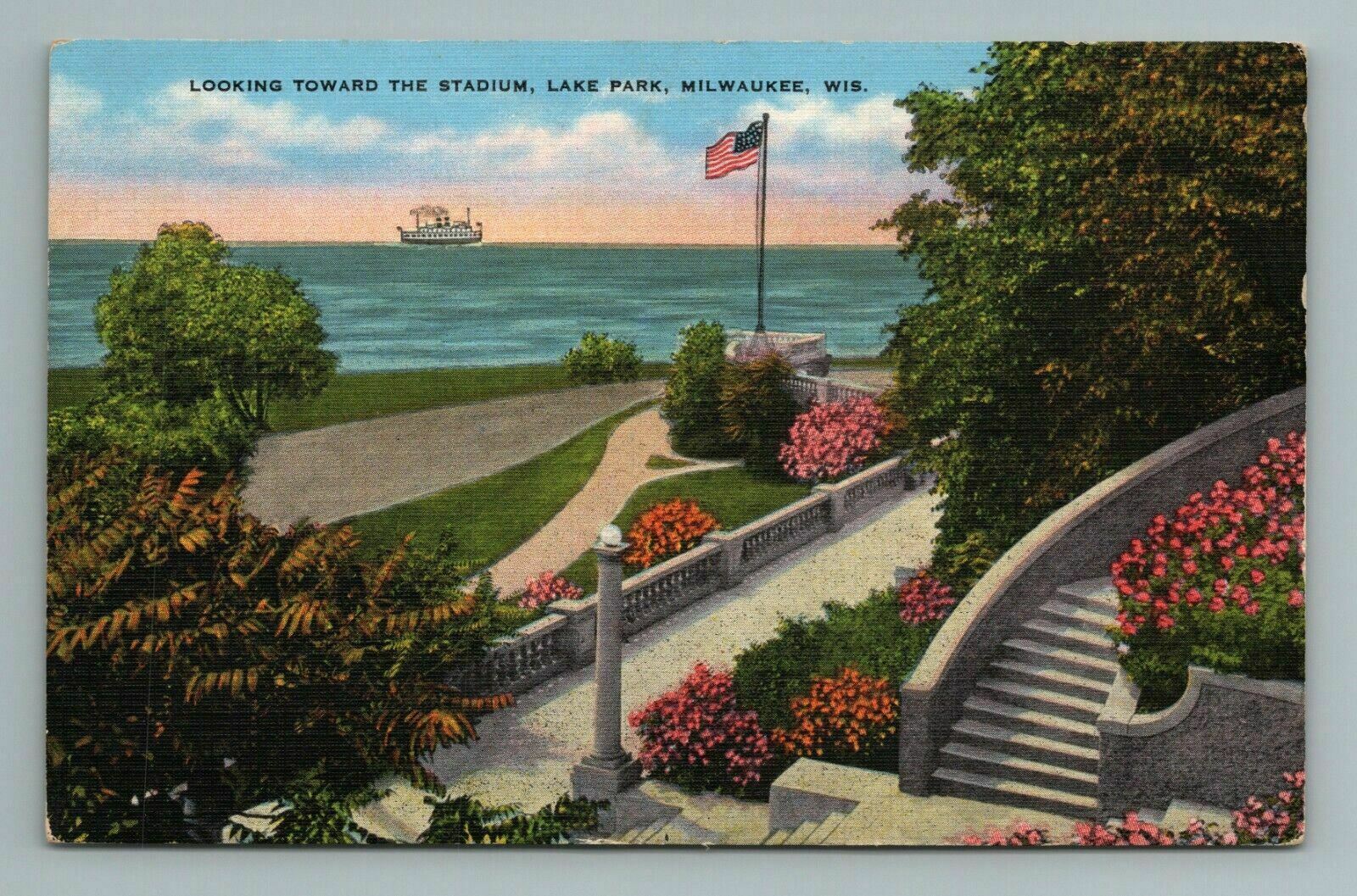 Looking Toward The Stadium, Lake Park, Milwaukee, Wisconsin Postcard