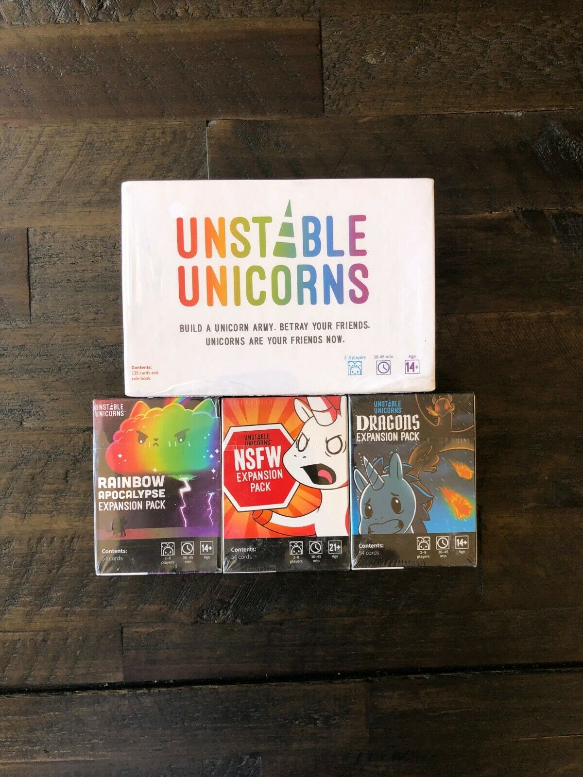 New Unstable Unicorns Base And 3 Expansions Purple, Red, And Blue Fast Shipping