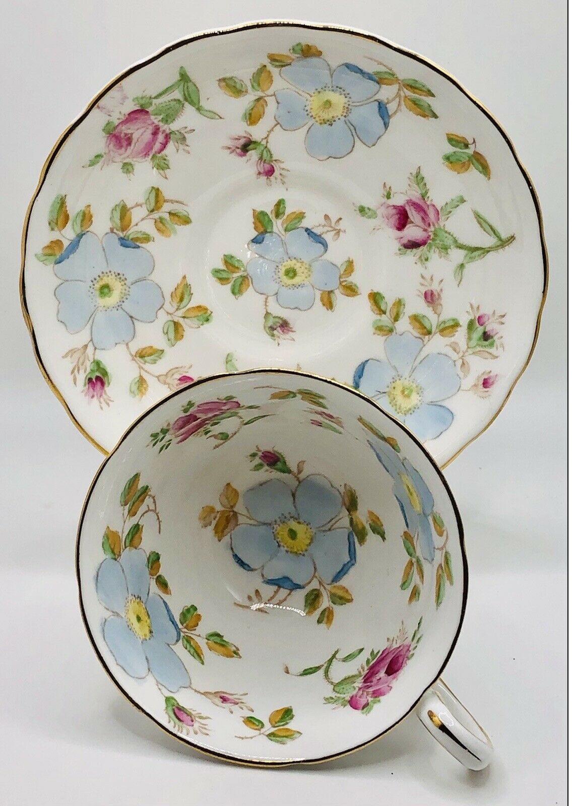 Tuscan England Pink & Blue Hand Painted Wild Rose Garland Cup & Saucer Teacup