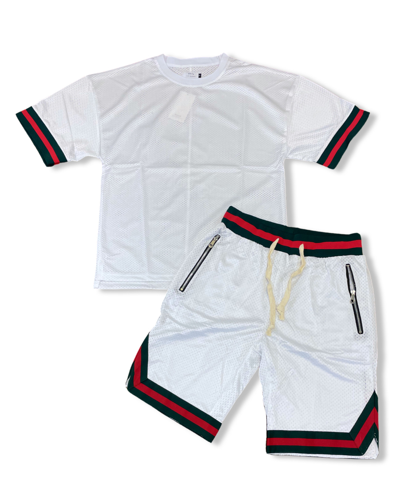 Mens 2pc Sports Zipper Pocket Gym Workout Active Jersey Set T-shirt+ Mesh Shorts