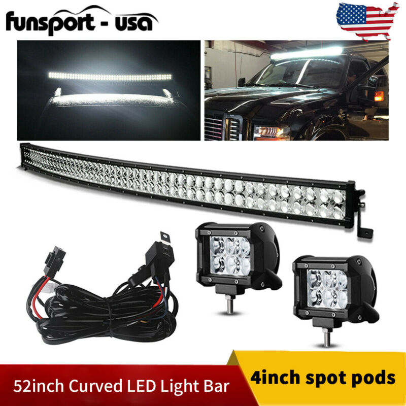 Curved 52inch Led Light Bar 700w Combo+2x 4'' Pods Suv 4x4 Boat +harness Offroad