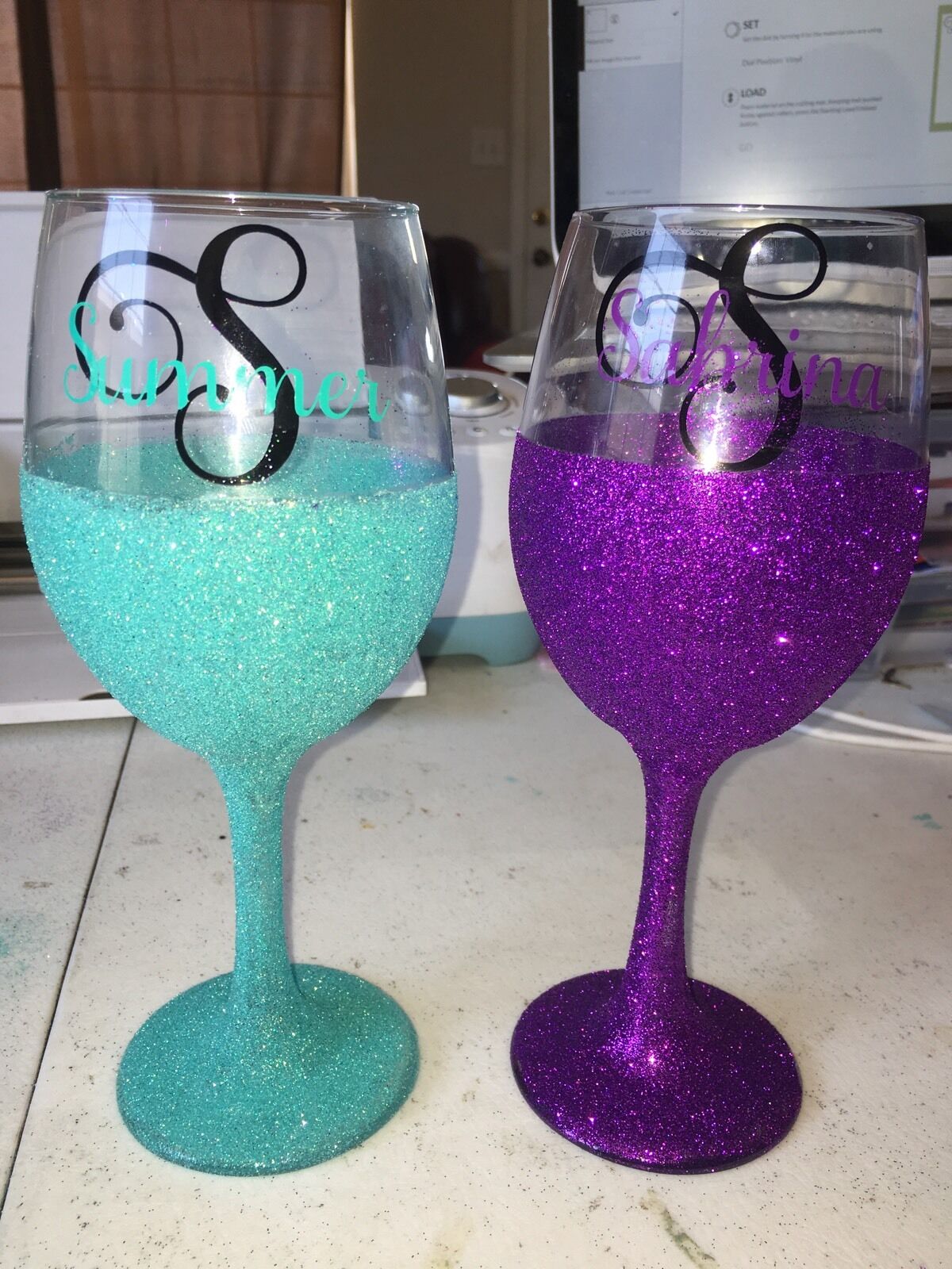 Glitter Dipper Personalized Wine Glasses With Initial And Name.