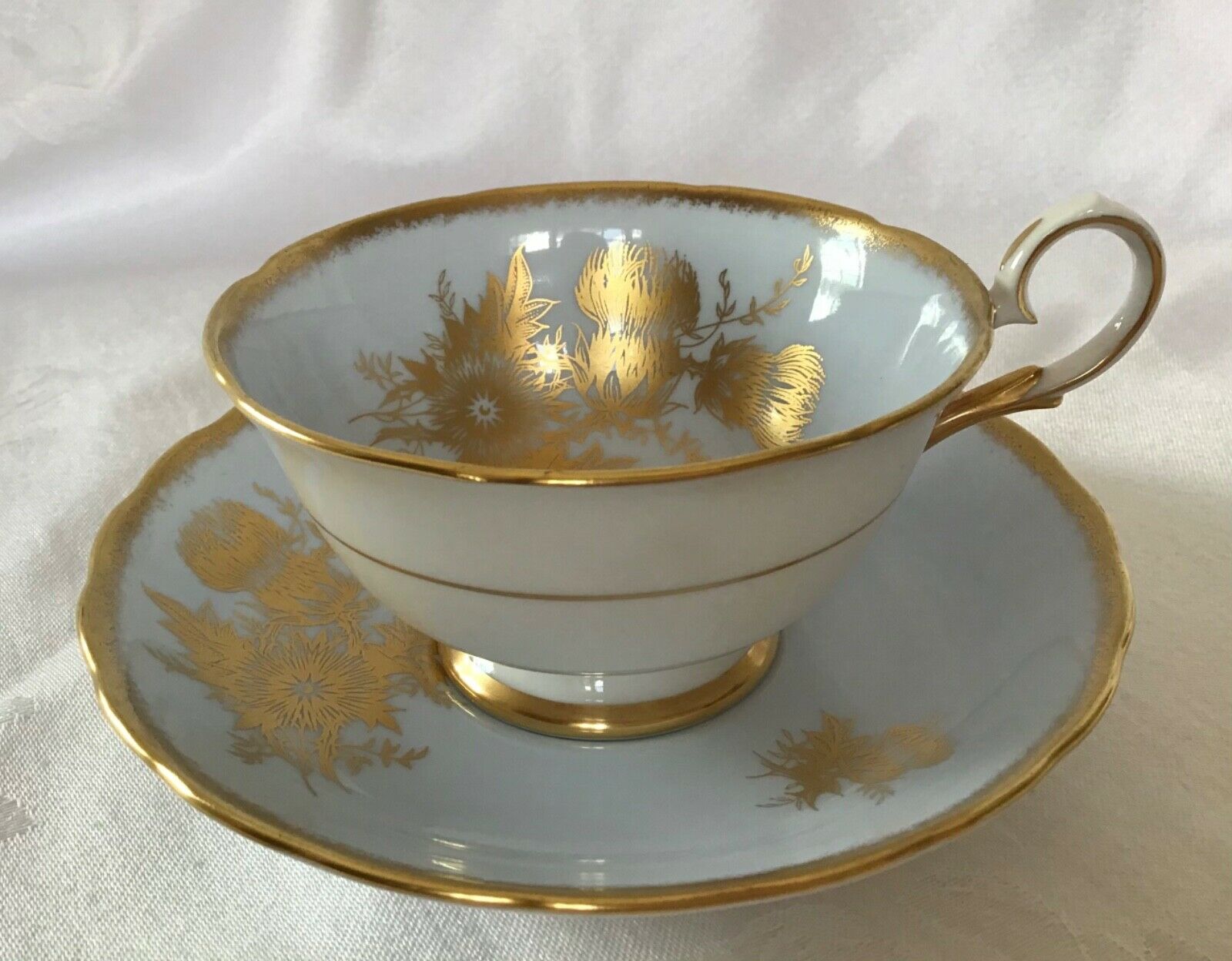 Tuscan Fine Bone China Tea Cup And Saucer, Pale Blue With Gold Thistle
